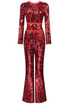 Long Sleeve Sequin Lace Jumpsuit Red