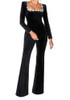 Long Sleeve Crystal Neckline Jumpsuit Black