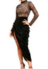 Long Sleeve Sequin Lace Draped Maxi Velvet Dress Black