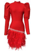 Puff Long Sleeve Feather Dress Red