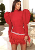 Puff Long Sleeve Feather Dress Red