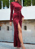 Long Sleeve Draped Maxi Velvet Dress Red