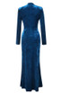 Long Sleeve Draped Maxi Velvet Dress Blue
