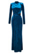 Long Sleeve Draped Maxi Velvet Dress Blue