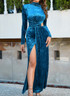 Long Sleeve Draped Maxi Velvet Dress Blue