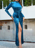 Long Sleeve Draped Maxi Velvet Dress Blue