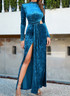 Long Sleeve Draped Maxi Velvet Dress Blue