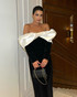 Long Sleeve Puff Bardot Midi Dress Black White