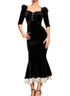 Puff Sleeve Lace Mermaid Midi Velvet Dress Black