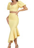 Puff Sleeve Fluted Midi Two Piece Dress Yellow