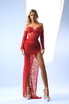 Long Sleeve Sequin Lace Corset Maxi Dress Red
