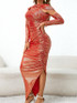 Long Sleeve Mirrored Ruched Maxi Dress Red Gold