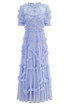 Short Sleeve Ruffle A Line Maxi Dress Blue
