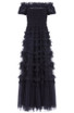 Short Sleeve Bardot Ruffle A Line Maxi Dress Black