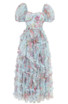 Short Sleeve Floral Ruffle A Line Maxi Dress Turquoise