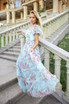 Short Sleeve Floral Ruffle A Line Maxi Dress Turquoise