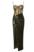 Lace Corset Draped Maxi Velvet Dress Green