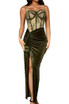 Lace Corset Draped Maxi Velvet Dress Green