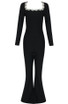 Long Sleeve Crystal Neckline Jumpsuit Black