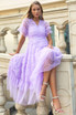 Short Sleeve Ruffle A Line Maxi Dress Lavender
