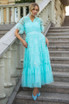 Short Sleeve Ruffle A Line Maxi Dress Turquoise