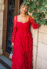 Long Sleeve Bustier Ruffle A Line Maxi Dress Red