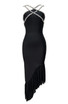 Halter Crystal Ruffle Midi Dress Black