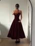 Strapless Bustier A Line Midi Dress Burgundy