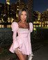 Puff Long Sleeve Crystal Corset A Line Dress Pink