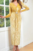 Long Sleeve Floral Draped Maxi Velvet Dress Yellow