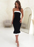 Strapless Scalloped Fluted Midi Dress Black White