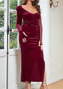 Long Sleeve Corset Maxi Velvet Dress Burgundy