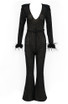 Feather Long Sleeve Sequin Crochet Jumpsuit Black