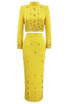 Long Sleeve Crystal Midi Two Piece Dress Yellow