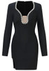 Long Sleeve Crystal Trim Mesh Dress Black