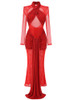 Long Sleeve Sparkly Draped Maxi Dress Red