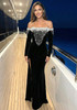 Long Sleeve Bardot Pearl Maxi Velvet Dress Black