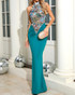 Halter Floral Sequin Embroidered Maxi Dress Green