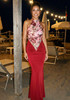 Halter Floral Sequin Embroidered Maxi Dress Red