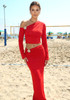 Long Sleeve Bardot Two Piece Maxi Dress Red