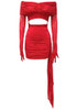 Long Sleeve Bardot Ruched Dress Red