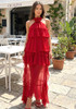 Halter Floral Ruffle Maxi Dress Red