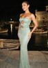 Strapless Crystal Bow Sparkly Maxi Dress Green