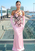 One Shoulder Crystal Corset Maxi Dress Pink