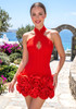 Halter Lace Insert Floral Dress Red