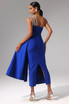 One Shoulder Crystal Straps Midi Dress Blue