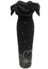Draped Bardot Crystal Pearl Floral Maxi Dress Black