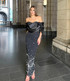 Draped Bardot Crystal Pearl Floral Maxi Dress Black