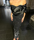 Draped Bardot Crystal Pearl Floral Maxi Dress Black