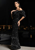 Draped Bardot Crystal Pearl Floral Maxi Dress Black